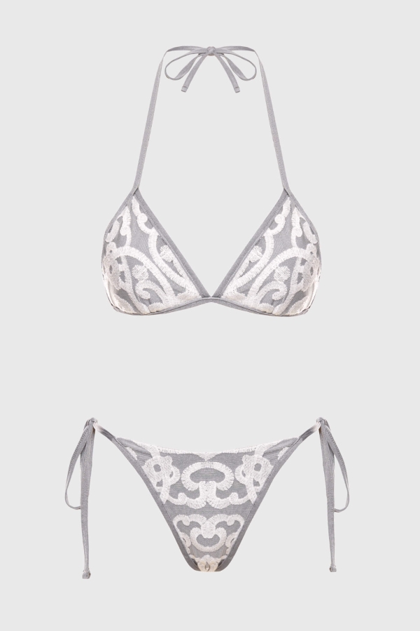 Komplet bikini triangle z koronką i cekinami – Loreen popielaty