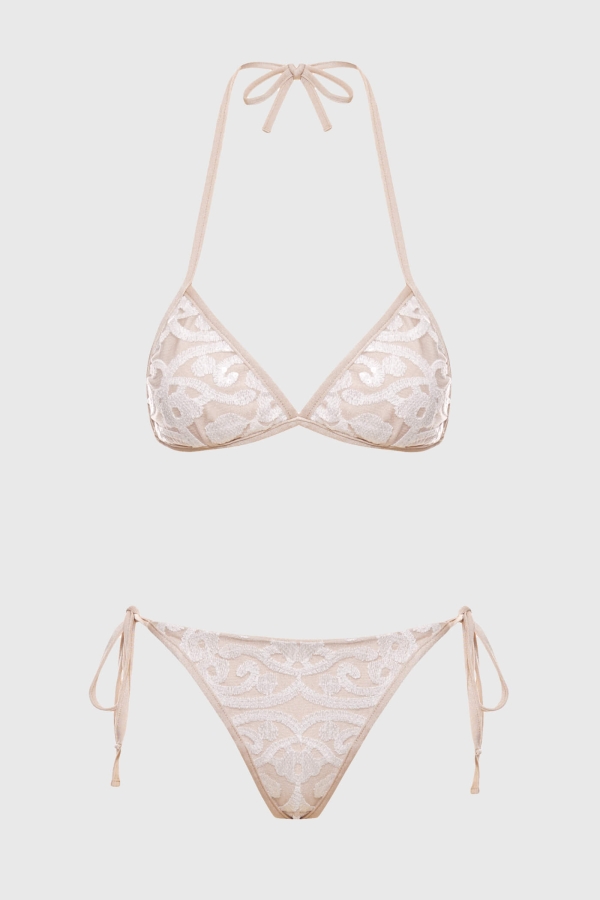 Komplet bikini triangle z koronką i cekinami – Loreen beżowy