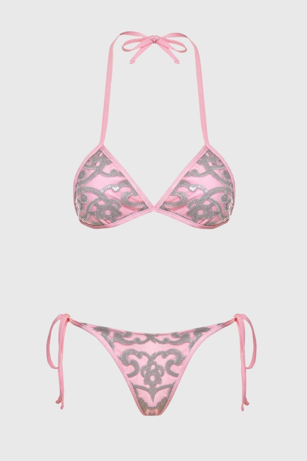 Komplet bikini triangle z koronką i cekinami – Loreen różowy