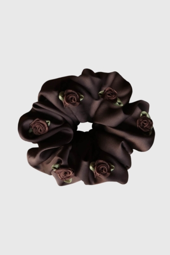Scrunchie Medium gumka do włosów czekoladowa z różyczkami 3D – Chocolate Mousse