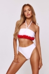 góra bikini bandeau biała Laura Flower z kwiatami 3D inny sposób noszenia wiązana na szyi