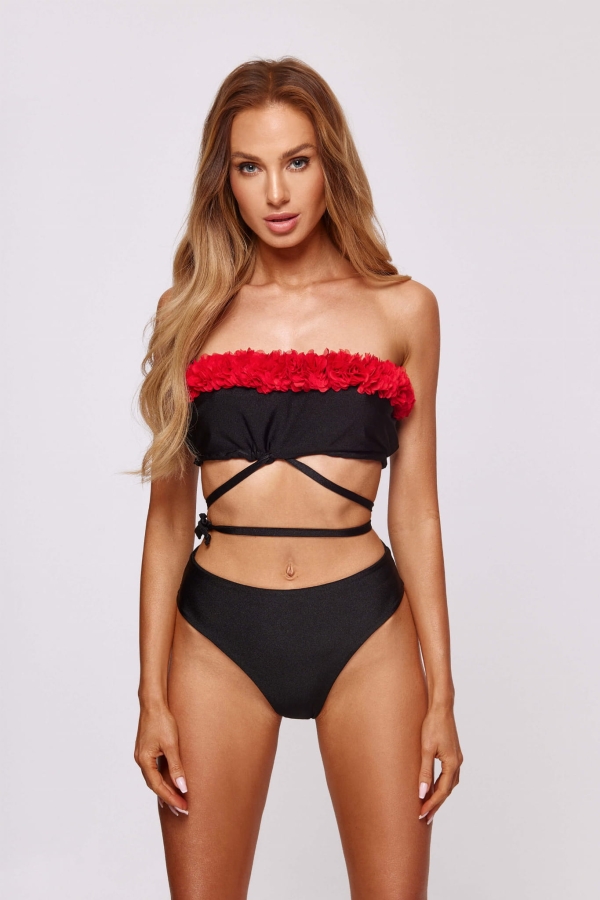 Komplet bikini bandeau z kwiatami 3D – Laura Flower czarna