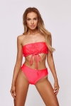 koralowy zestaw bikini – bandeau z wiązaniem i wysoki stan